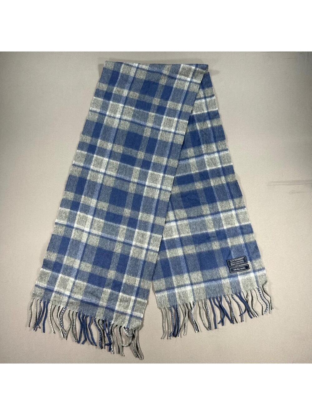LOCHMERE 100% Cashmere Scarf Denim Marl Plaid 12” x 62” ~ Blue